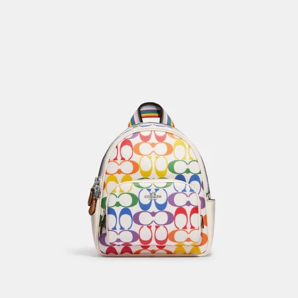 coach backpack rainbow Mini Court in Signature Canvas  Club de Mode Signature coated canvas and smooth leather Inside zip and multifunction pockets Double zip closure fabric lining Handle with 2 1/4 drop Outside zip pocket Adjustable shoulder straps 10 3/4 (L) x 12 1/2 (H) x 4 3/4 (W) The Coach Foundation continues to partner with the Hetrick New to our Pride Collection